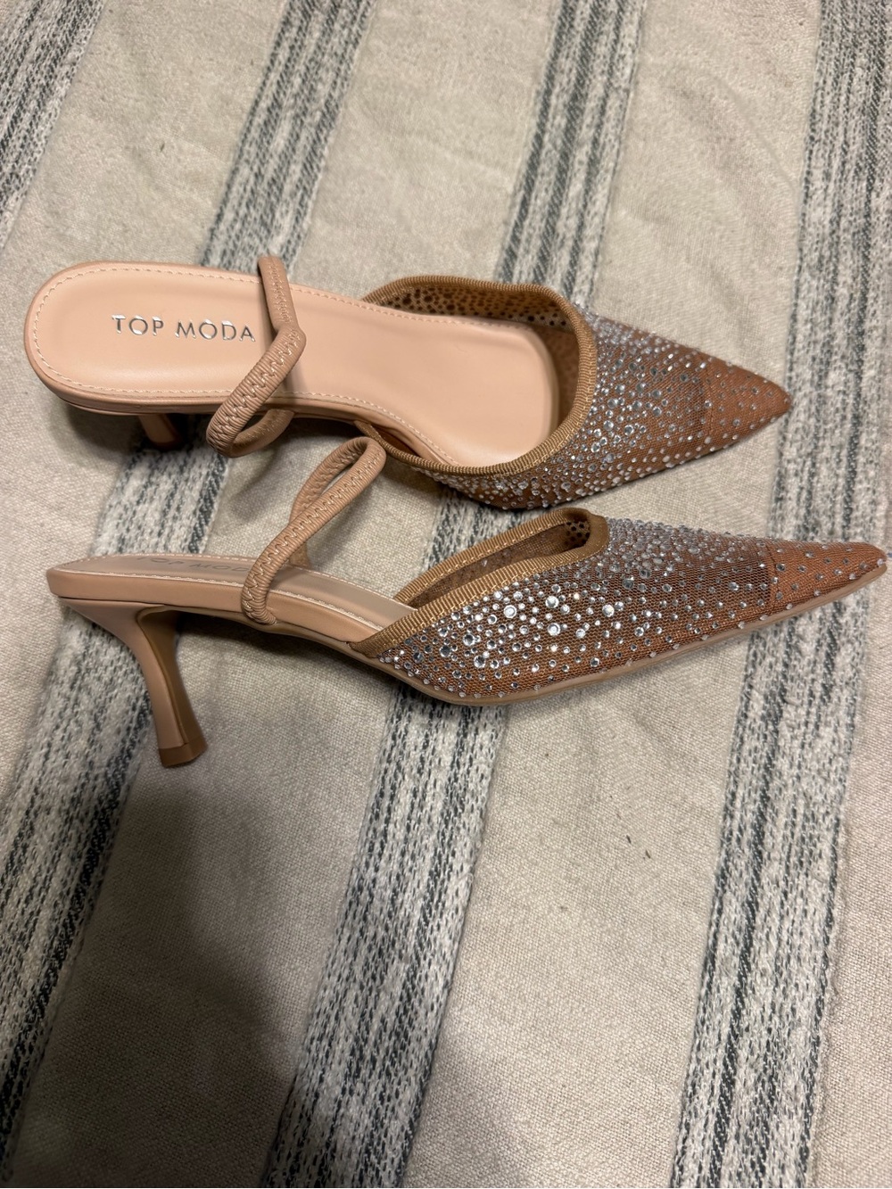 TOP Moda Tan Pointed Slingback Heels with Rhinestones